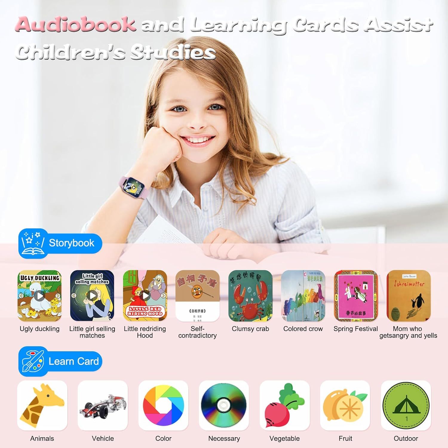 Demonstrates the multiple educational applications of the product, showing it provides access to audiobooks, storybooks, and learning cards across various topics to support children's studies and…