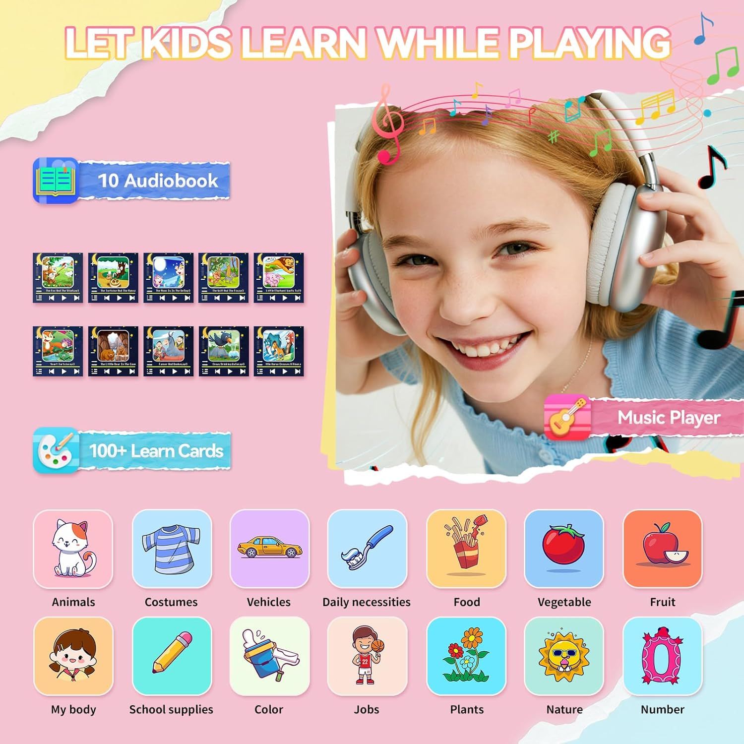Communicates the educational device's multiple learning features and content variety to show parents the comprehensive learning value and entertainment options available for children.