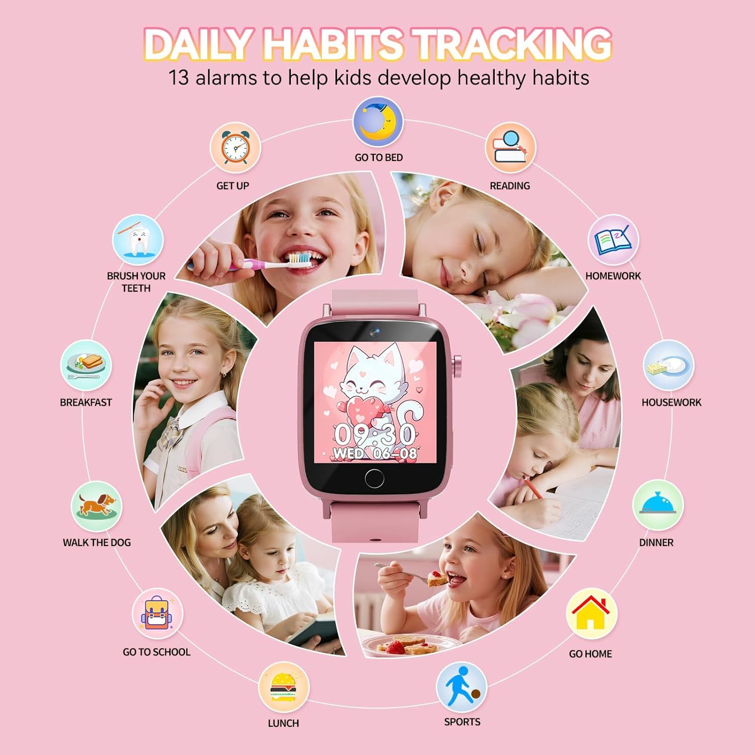 Demonstrates the smartwatch's comprehensive habit-tracking functionality by showcasing 13 different daily activities it can help children monitor and develop into healthy routines.