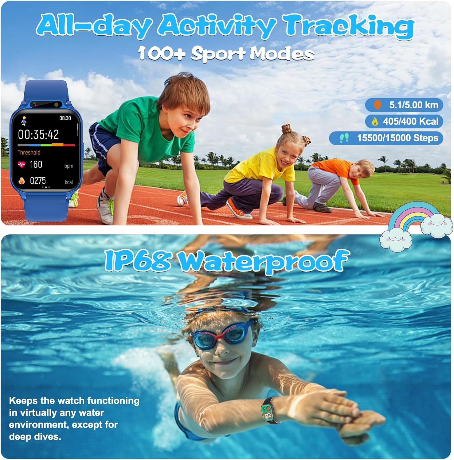 Communicates multiple key features of the smartwatch including comprehensive activity tracking capabilities and waterproof protection to show versatility and durability for active kids.