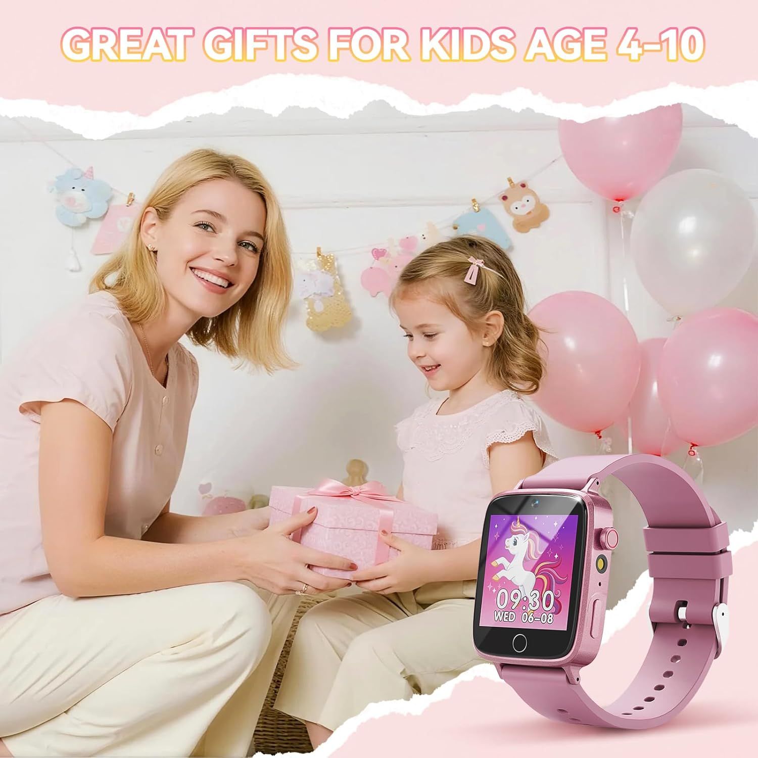 Positions the product as an ideal gift for children aged 4-10, creating emotional appeal through a celebratory party setting with gift-giving imagery. Shows the product in an authentic celebratory…