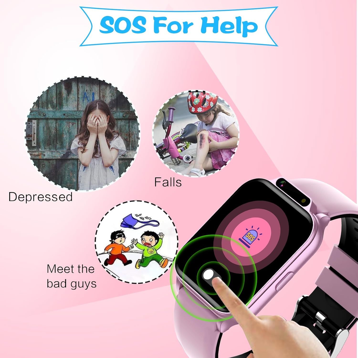 Demonstrates multiple use cases where the SOS feature can be activated—depression, falls, and dangerous encounters—to reassure shoppers that the product provides comprehensive safety coverage in…