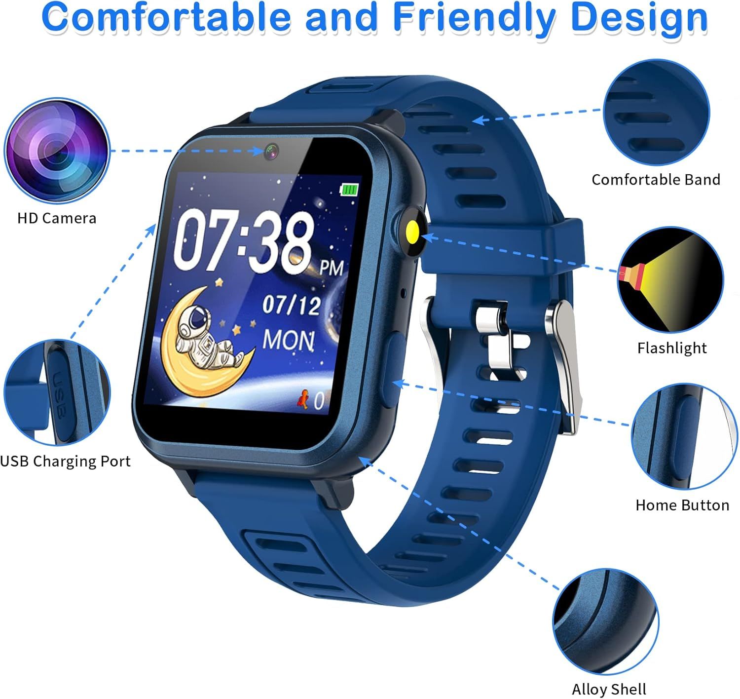 Breaks down the smartwatch by labeling its key physical components and features, helping shoppers understand what parts and functions the product includes. Showcases multiple distinct features and…