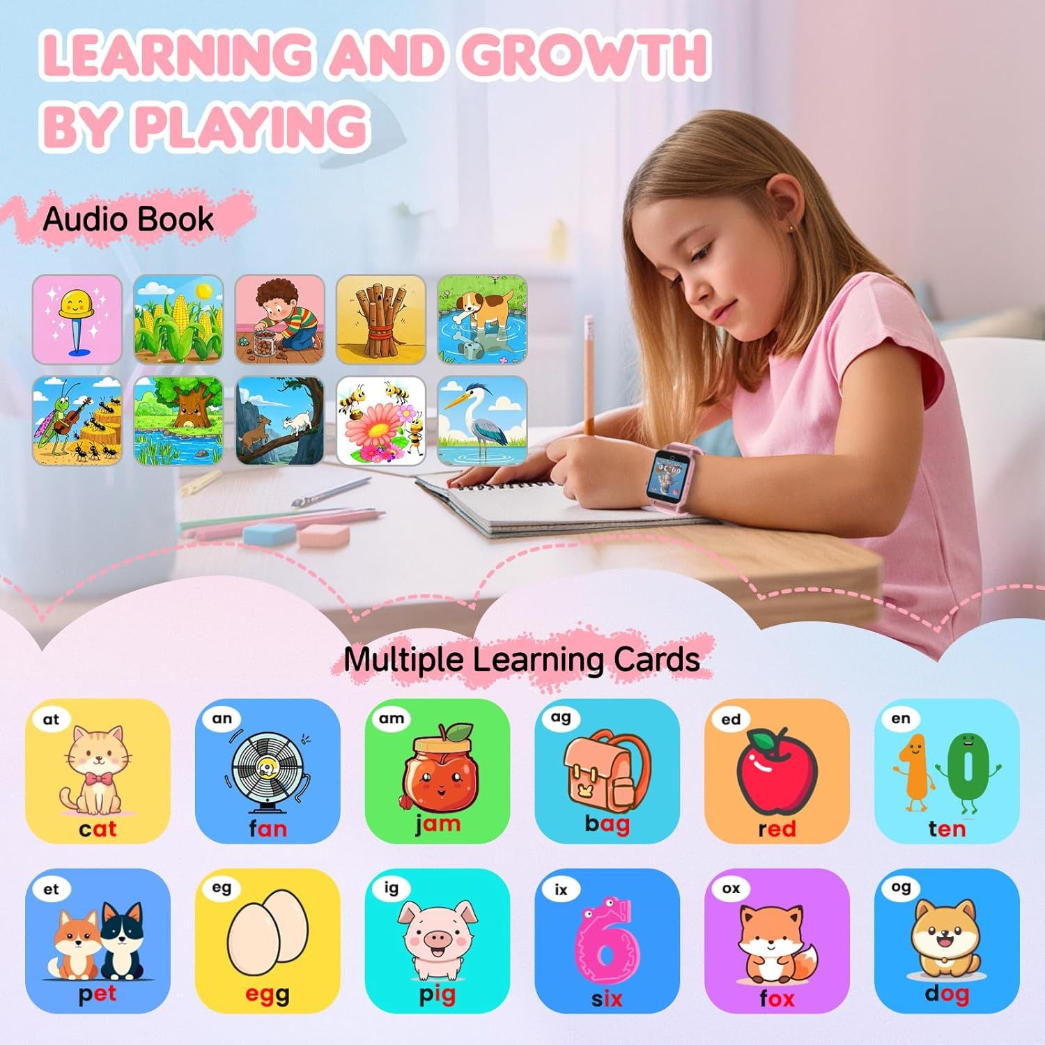 Communicates the product's multiple educational features—audio book functionality and learning cards—to show parents how the product supports learning through play.