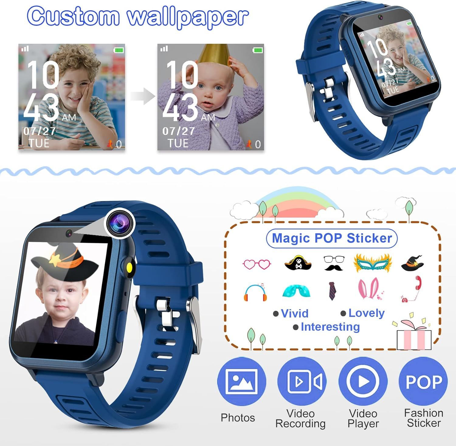 Showcases multiple features of the kids smartwatch including customizable wallpapers with personal photos, fun AR stickers for photos, and various media capabilities to demonstrate the product's…