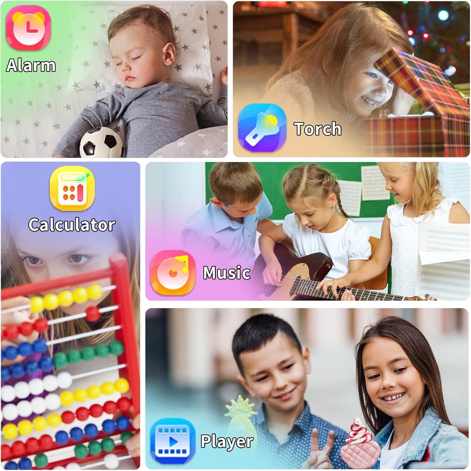 Demonstrates the multiple functions and applications available in the product (likely a kids' phone or tablet), showing parents the variety of useful tools their children can access.