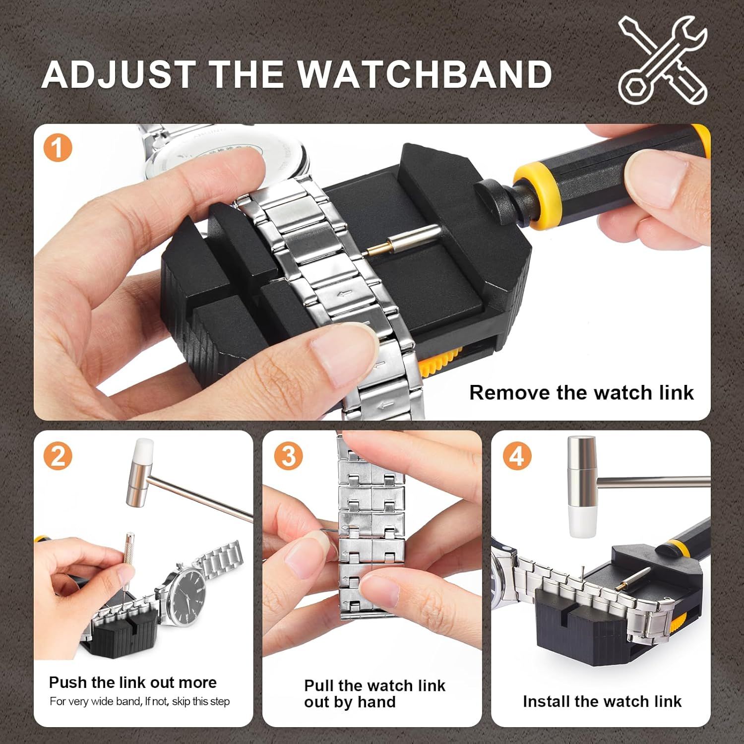 Provides step-by-step instructions on how to adjust a watchband by removing and installing links, helping shoppers understand the setup process and ease of…