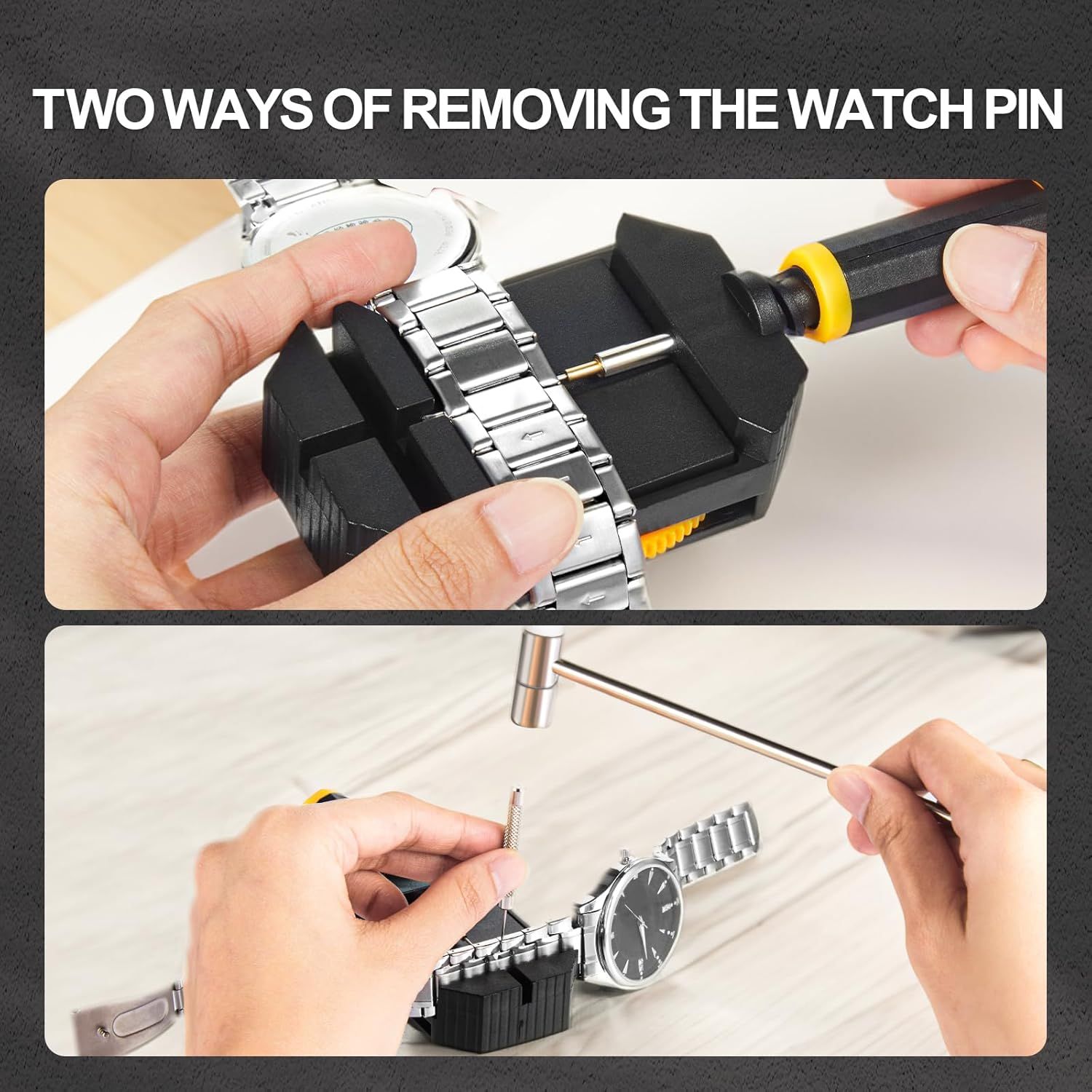 Demonstrates two different methods for removing watch pins, providing instructional guidance to help customers understand how to adjust or repair their watch…