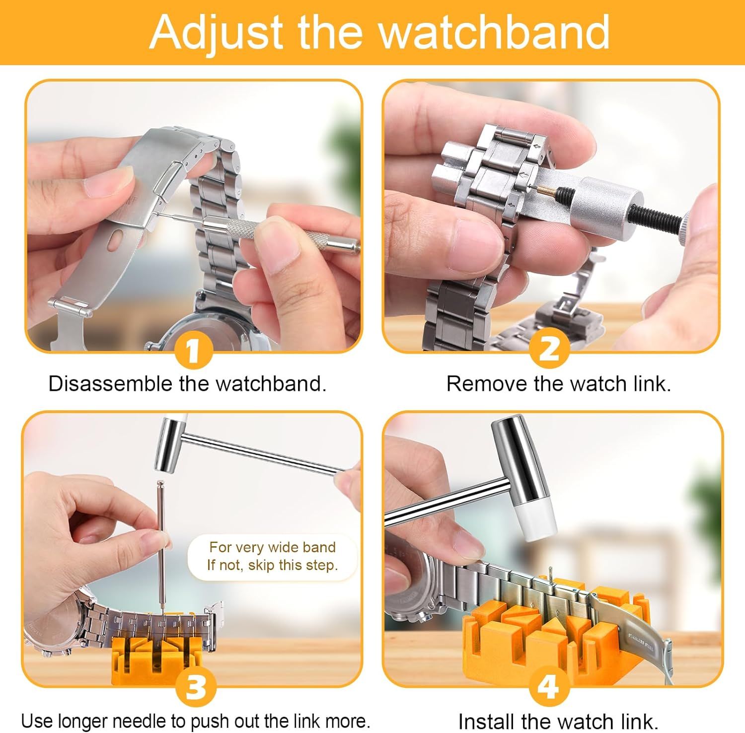 This image provides step-by-step instructions on how to adjust a watchband by disassembling, removing links, and reinstalling them, helping shoppers understand the adjustment process and reassuring…