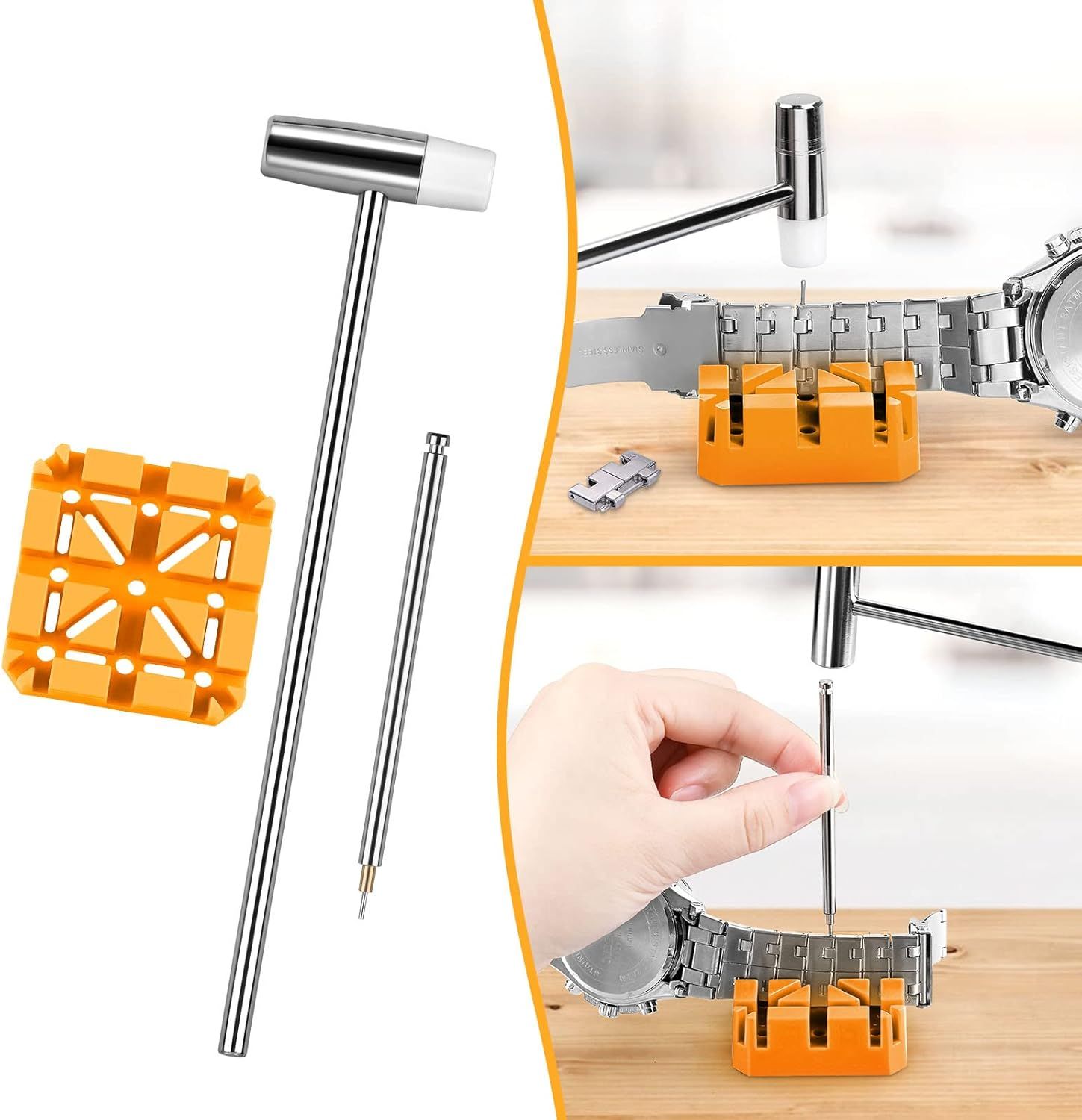 Demonstrates how to use the watch band link removal tool step-by-step, showing the process of adjusting watch bands to reassure shoppers that the tool is easy to use. Shows all the components…