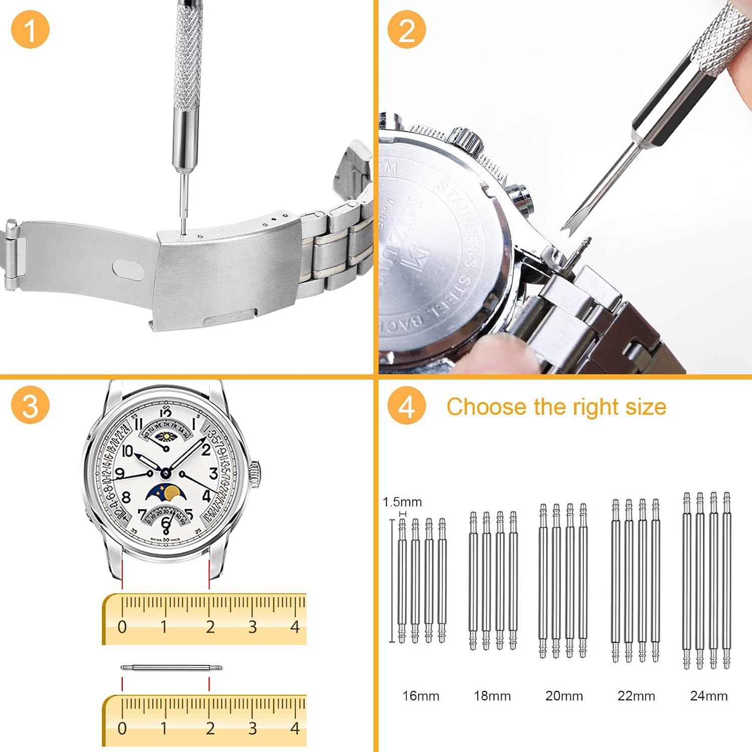 This image provides step-by-step instructions on how to adjust watch bands, measure watch size, and select the correct replacement band size, helping shoppers understand the installation and sizing…