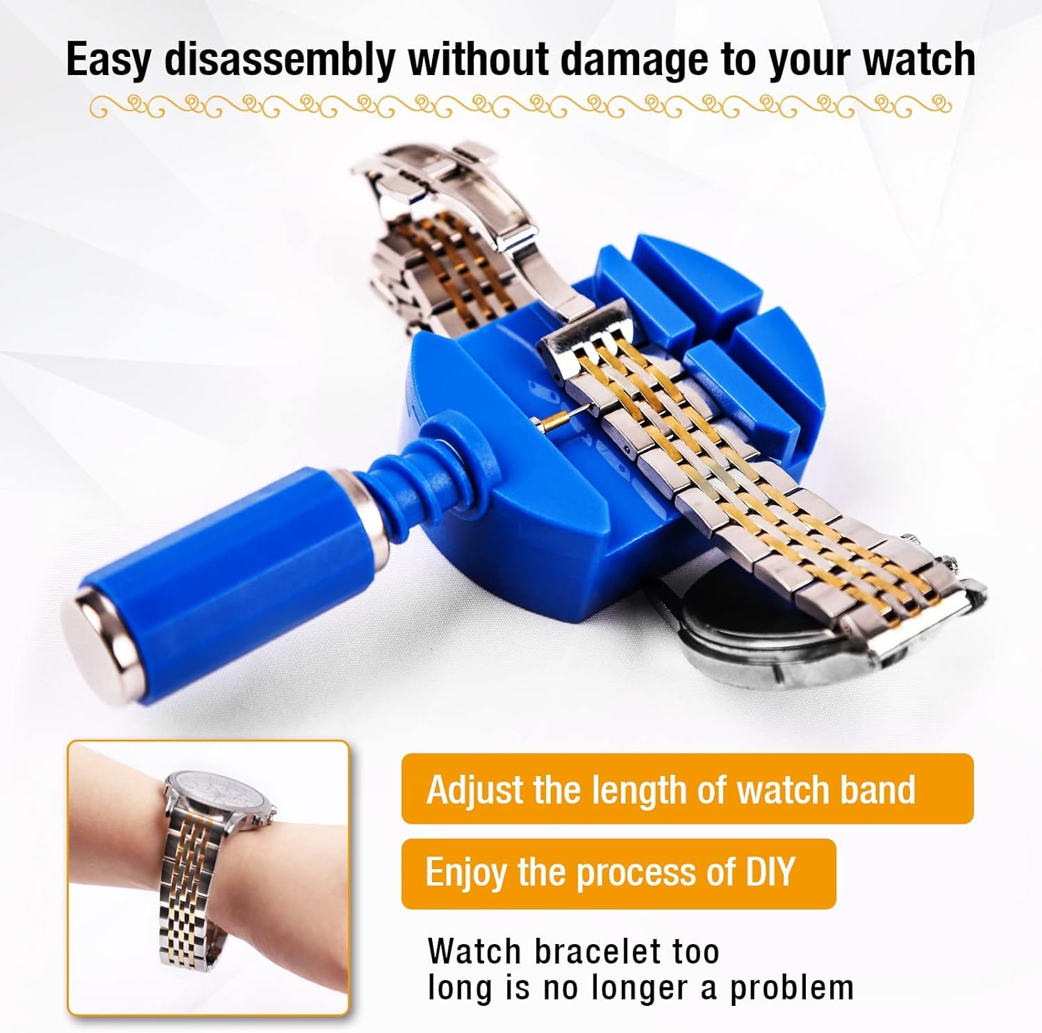 Demonstrates how to use the tool to safely adjust and resize watch bands without damaging the watch, reassuring shoppers that they can customize their watch fit at home. Highlights the key benefit…