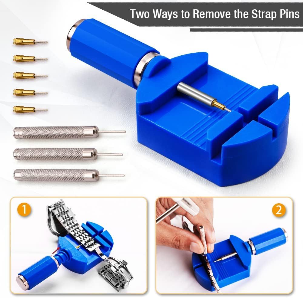 Demonstrates two different methods for removing watch strap pins using the included tool, providing clear step-by-step visual instructions to help customers understand how to use the product.