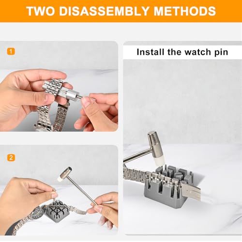 Demonstrates two different methods for disassembling and installing watch pins, providing step-by-step visual instructions to help shoppers understand how to use the watch band tool.