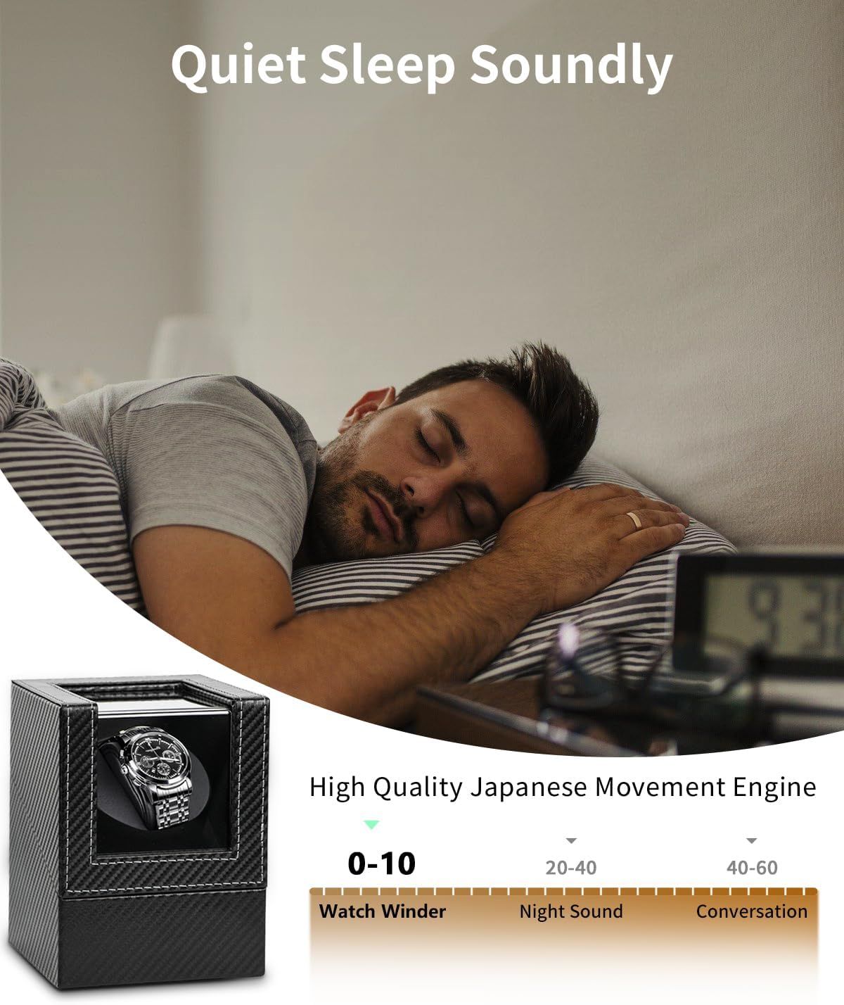 Communicates that the watch winder operates silently (0-10 decibel range), making it suitable for bedroom use without disturbing sleep.