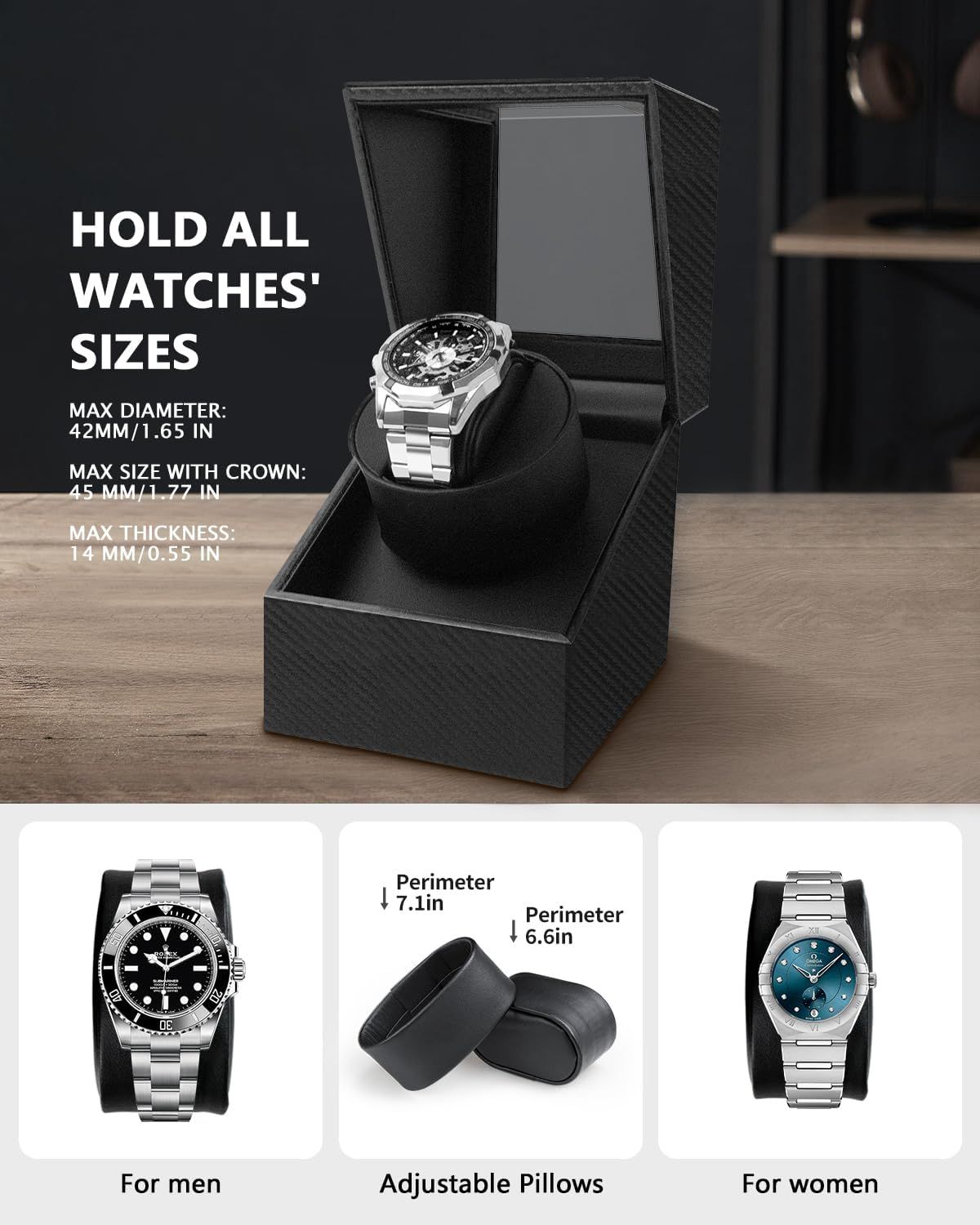 Communicates that the watch winder accommodates all watch sizes by providing specific dimensional specifications and showing adjustable pillows for different watch sizes. Highlights multiple…