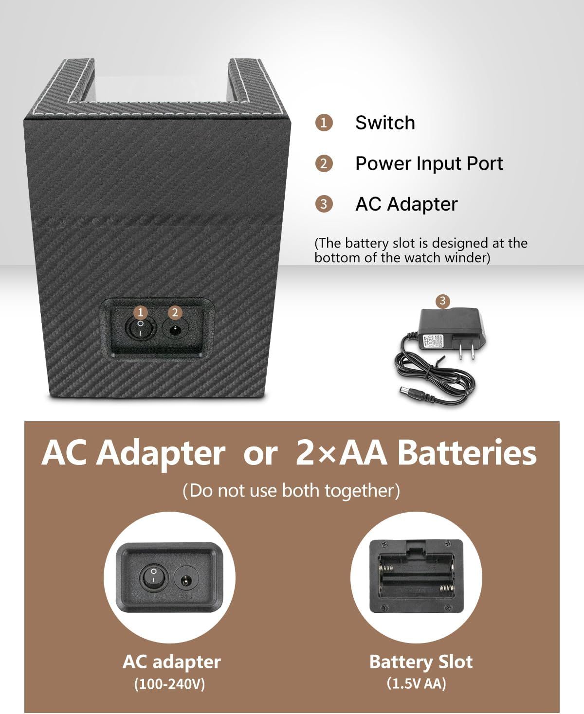 This image breaks down the physical components and power options of the watch winder, helping shoppers understand where key parts are located and how to power the device. Communicates the…