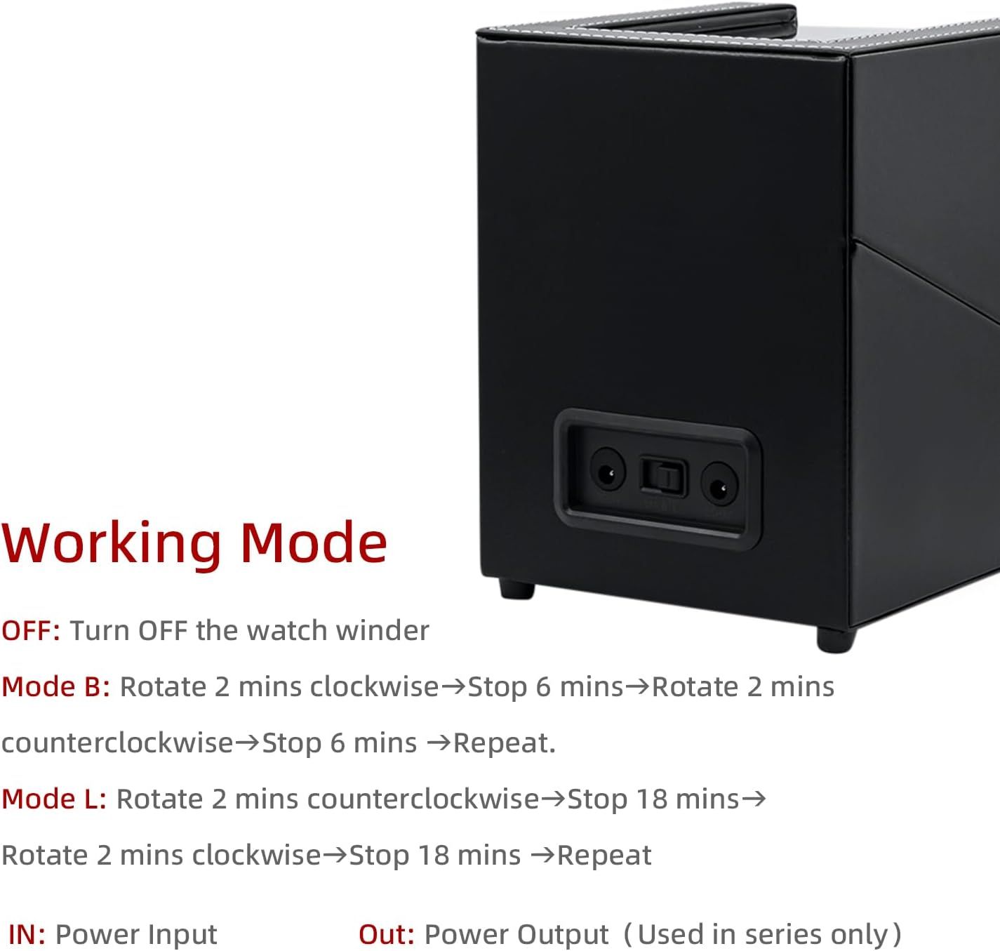 Explains how to operate the watch winder by detailing different working modes (OFF, Mode B, Mode L) and power input/output connections, helping shoppers understand setup and usage options.