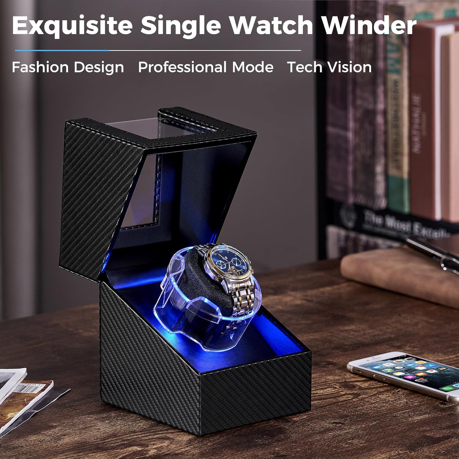Highlights three distinct selling benefits of the watch winder — its stylish design, professional functionality, and advanced technology — to appeal to luxury watch owners seeking a premium storage…