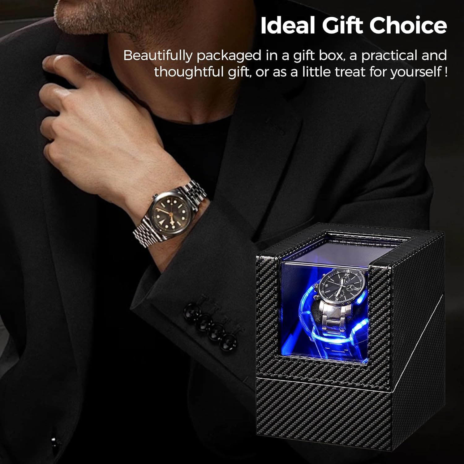 Positions the product as an ideal gift choice by showcasing the premium gift box packaging with blue LED lighting, appealing to shoppers looking for a thoughtful present or personal treat.…