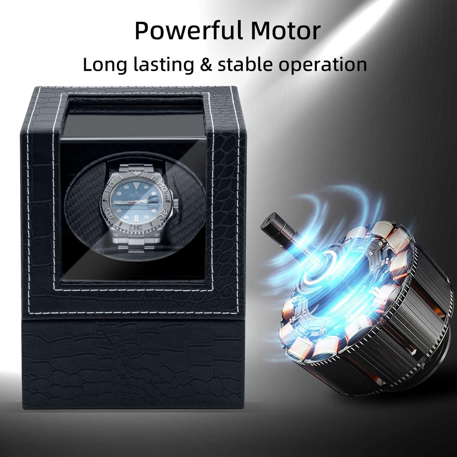 Highlights the watch winder's powerful motor and reliable performance to reassure shoppers that the device will operate smoothly and consistently over time.