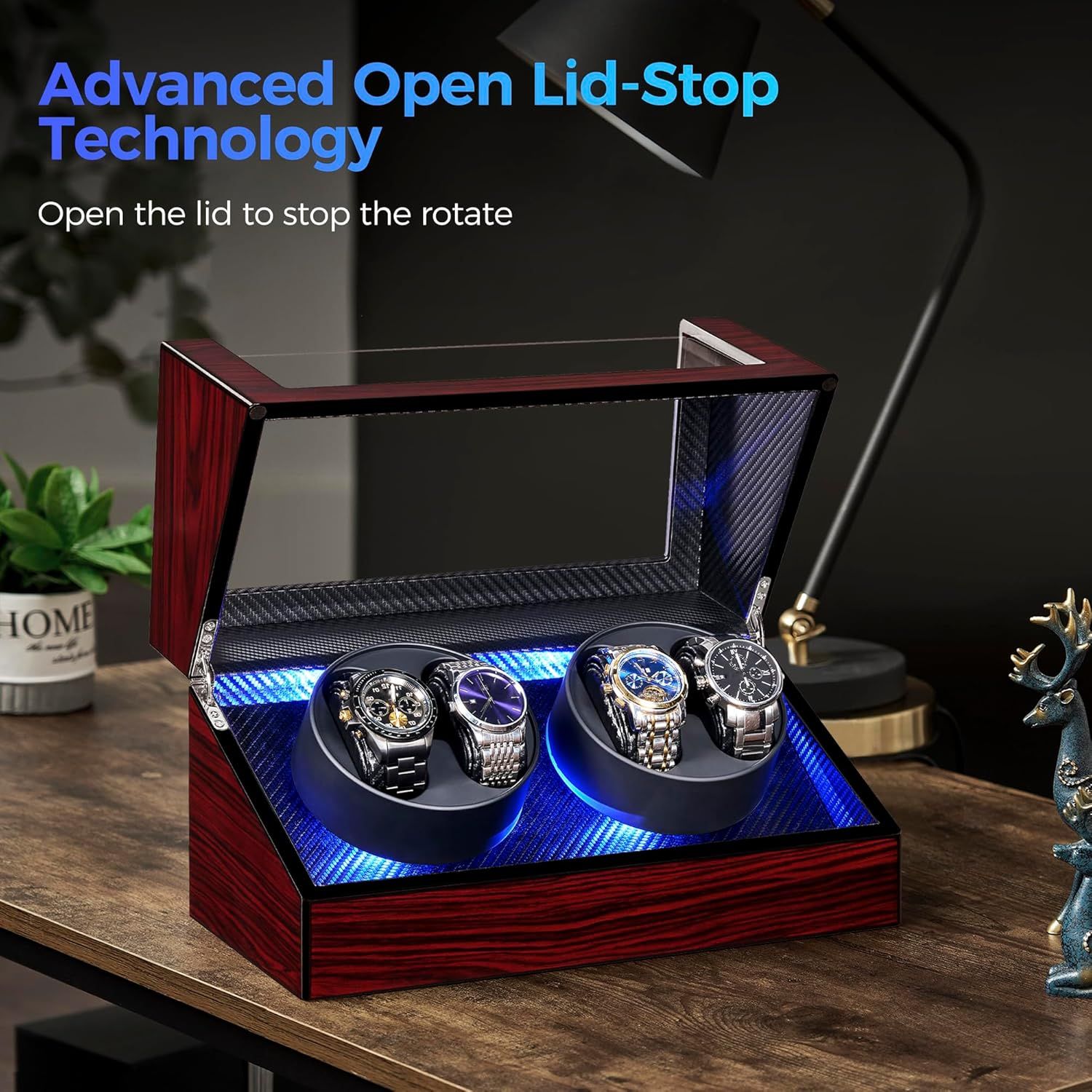 Highlights the product's advanced open lid-stop technology, which automatically stops the watch rotation when the lid is opened, providing convenience and safety for the user's watches.