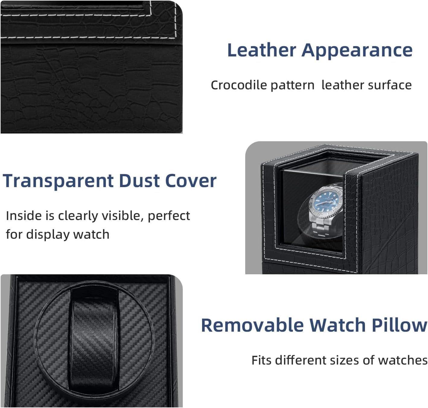 Showcases three distinct product features in a segmented layout to communicate the watch winder's premium materials, display visibility, and versatile fit for different watch sizes.