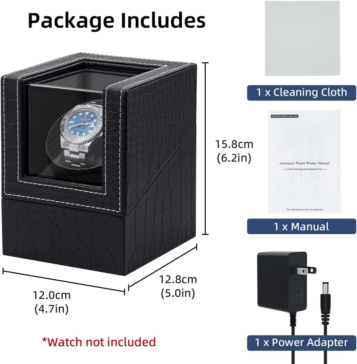 Shows the customer everything included in the purchase: the watch winder unit, cleaning cloth, instruction manual, and power adapter, helping set clear expectations about what they will receive.