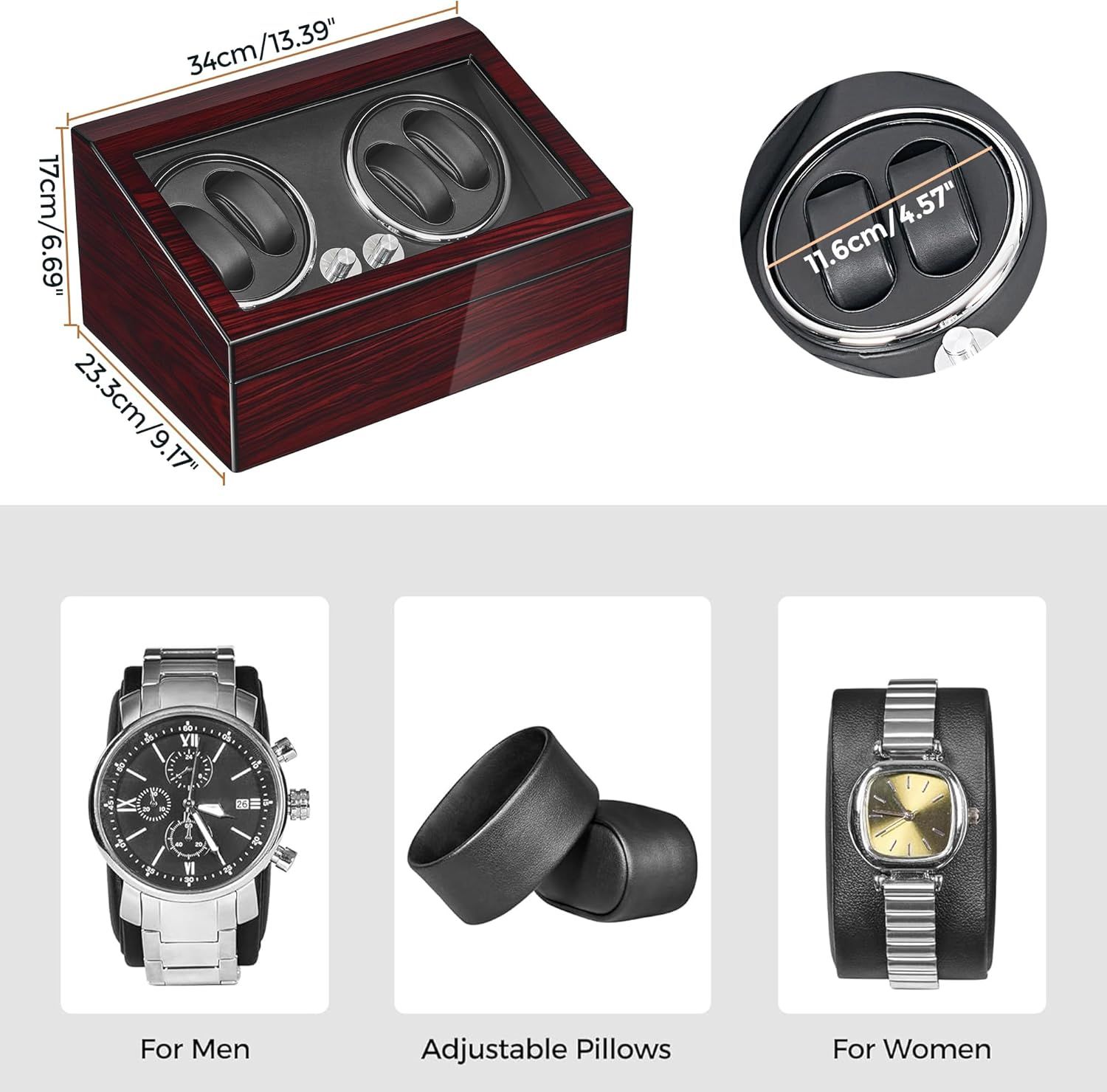 Communicates the exact physical dimensions of the watch winder box and internal compartment to help shoppers understand if it will fit their space and watches. Demonstrates that the watch winder…