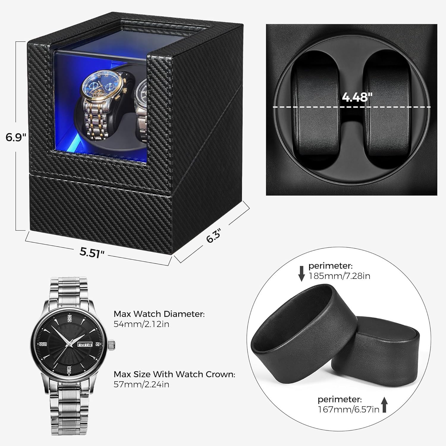Communicates the physical dimensions of the watch winder box and the maximum watch sizes it can accommodate, helping shoppers determine if their watches will fit.