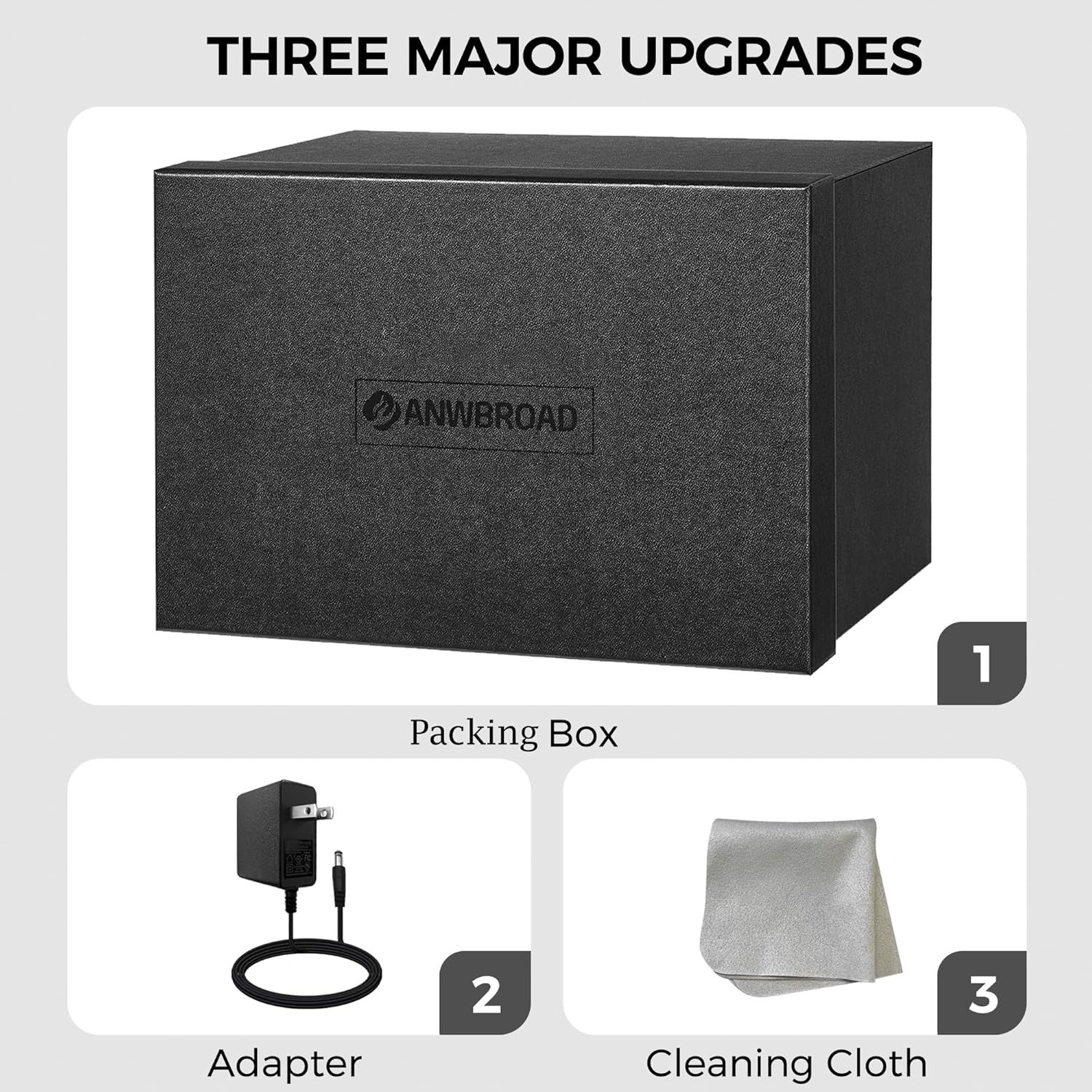 Shows the customer everything included in the package: the product in its premium packing box, a power adapter, and a cleaning cloth, helping set expectations for what they will receive.