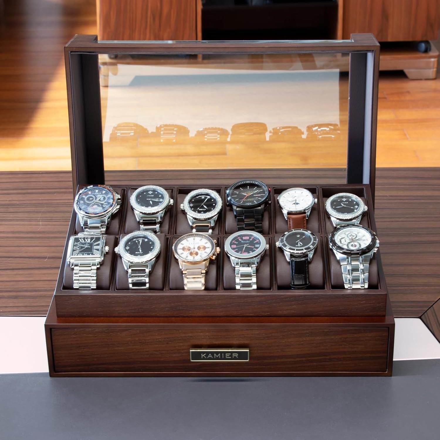 Shows the complete watch storage organizer with its capacity to hold 12 watches, demonstrating what the customer receives and how their collection can be displayed and organized.