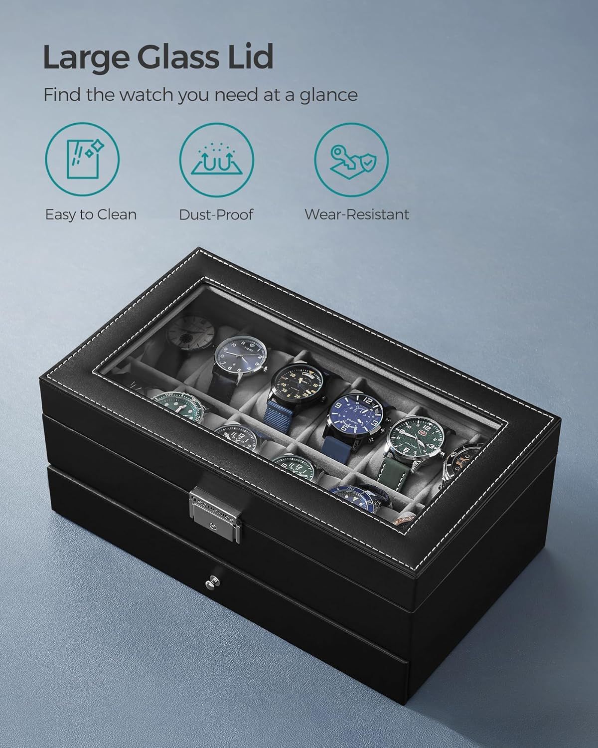Highlights three distinct benefits of the large glass lid watch case to help shoppers quickly understand its key protective and maintenance features.