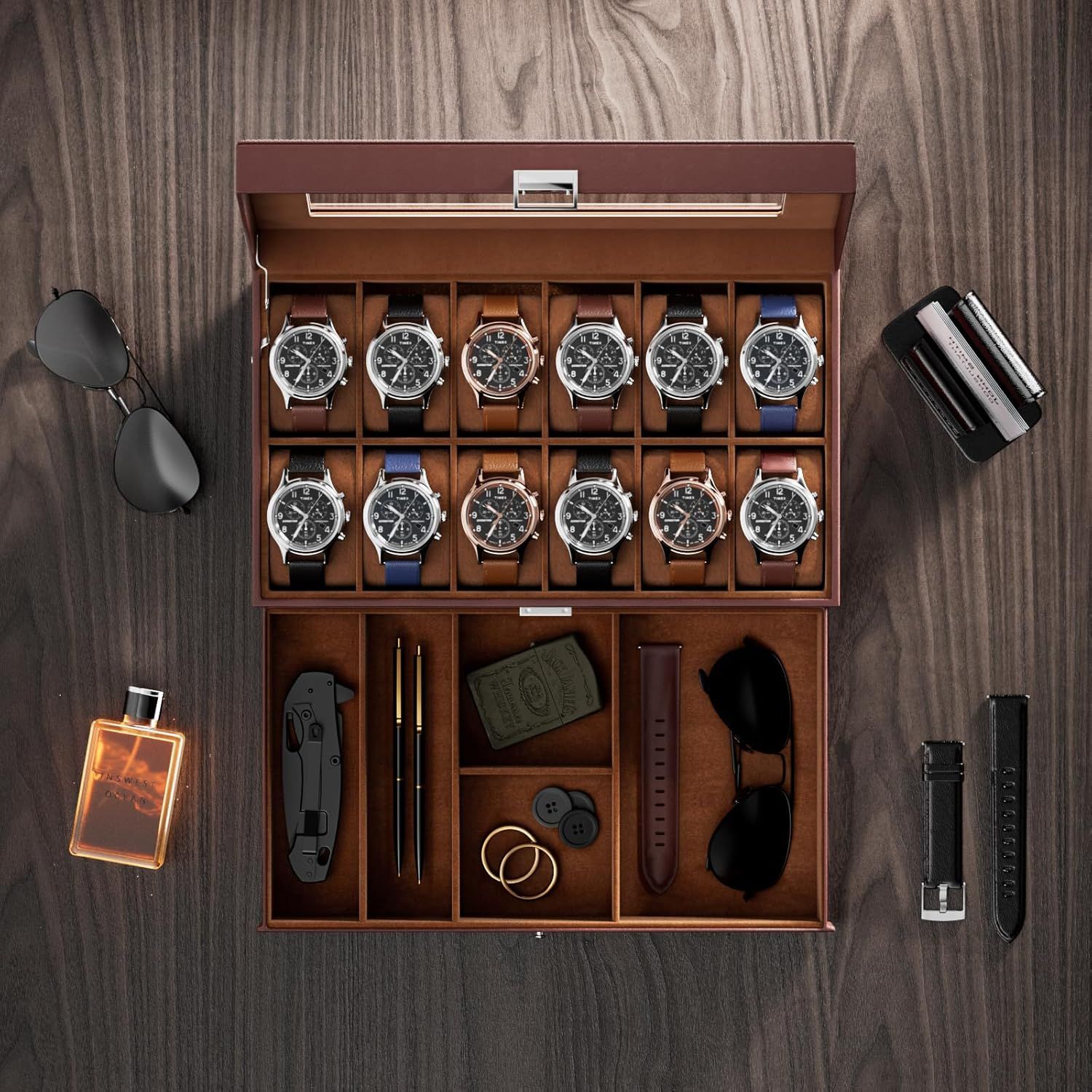 Demonstrates the complete package the customer receives, including a premium wooden watch organizer box with multiple watches and accessory compartments, emphasizing value and organization.