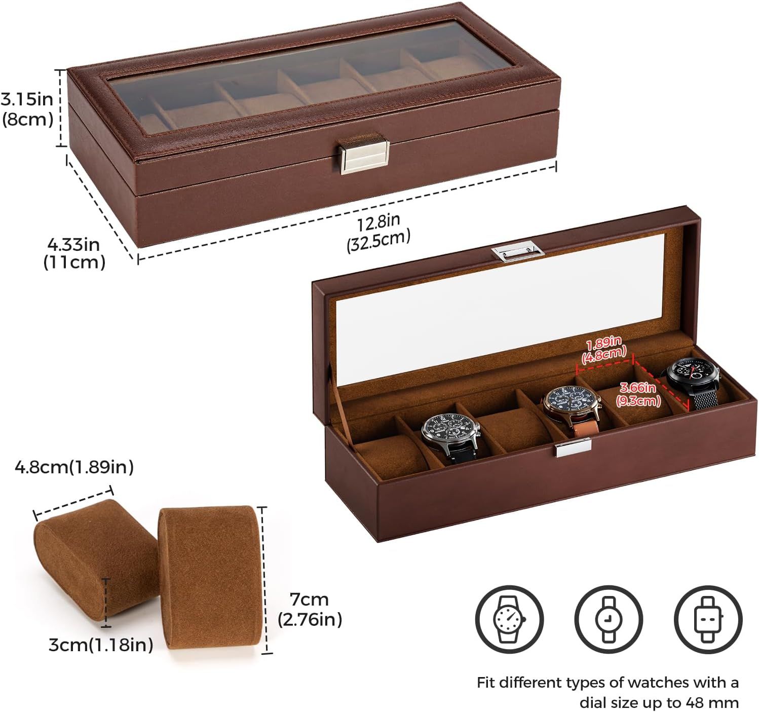 Communicates the exact physical dimensions of the watch box (exterior and interior compartments) and reassures shoppers that it can accommodate watches with dials up to 48mm.