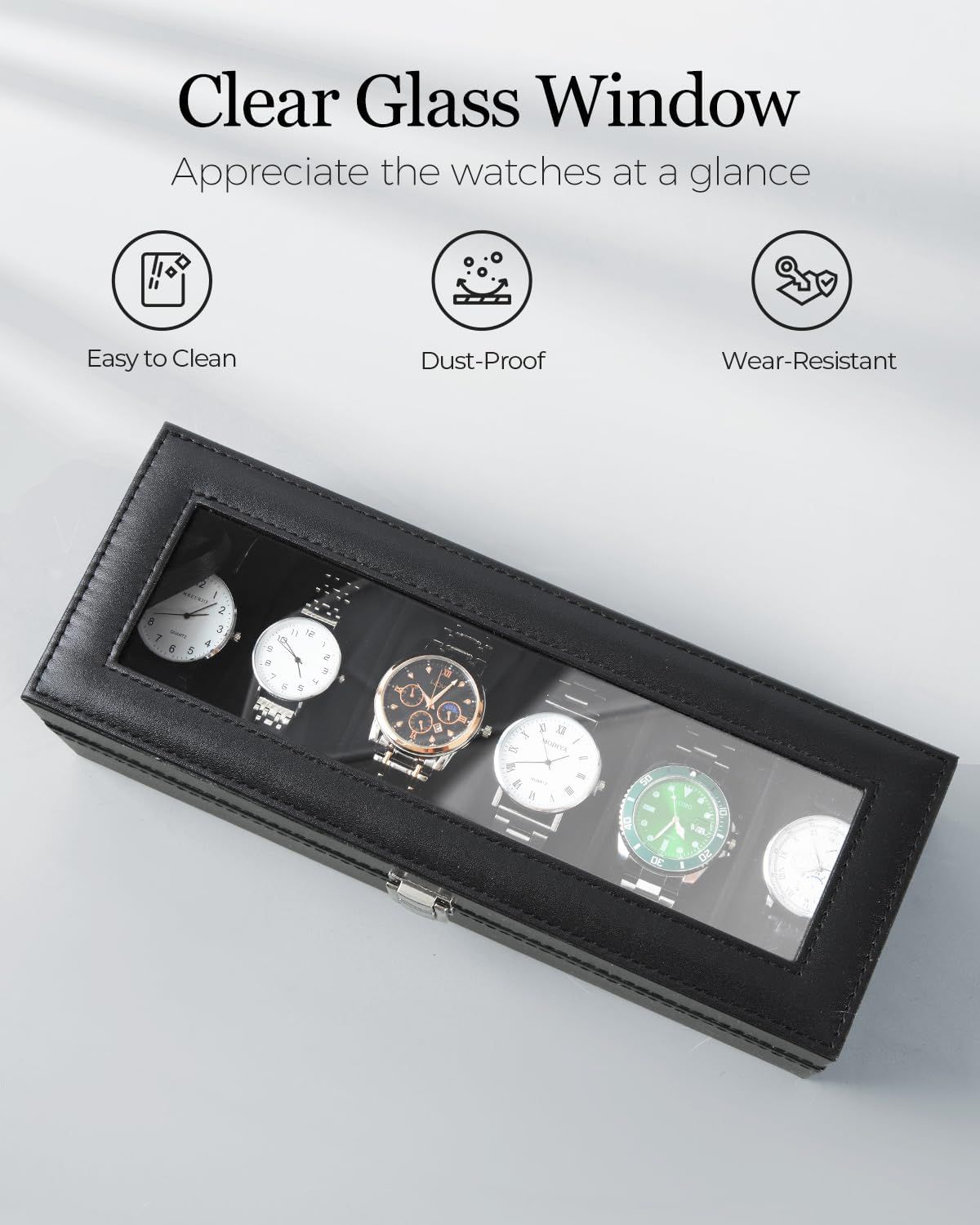 Communicates three distinct benefits of the clear glass window feature—easy maintenance, dust protection, and durability—to reassure shoppers about the watch case's quality and functionality.