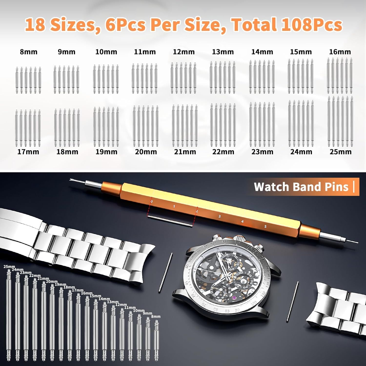 Shows the complete set of watch band pins included in the purchase, organized by size from 8mm to 25mm, to reassure shoppers they will receive a comprehensive kit for various watch repair needs.