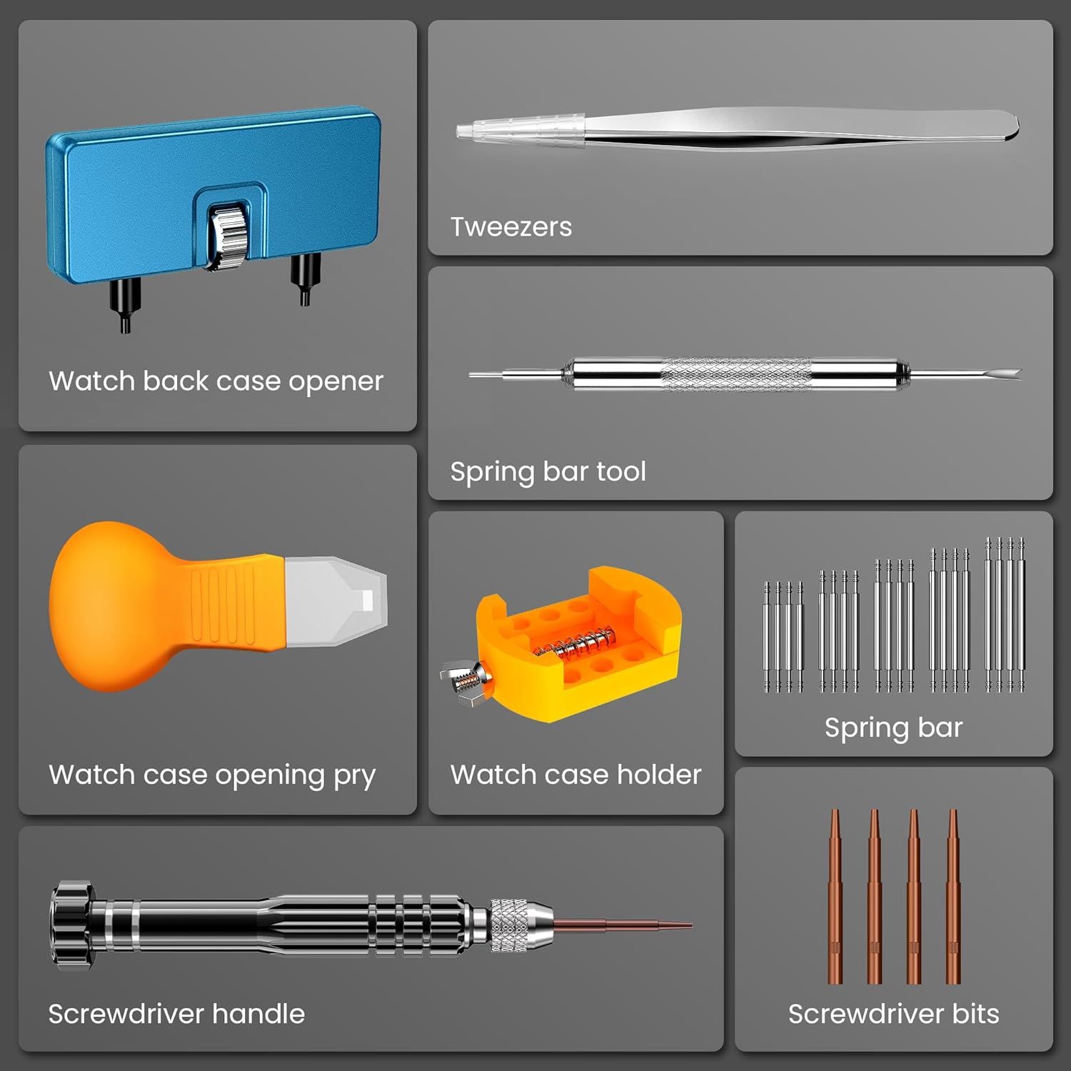 Shows all the tools and accessories included in the watch repair kit to help shoppers understand the complete set they will receive.