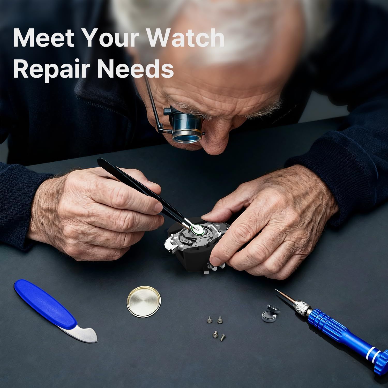 Communicates the brand's expertise and craftsmanship in watch repair services through an authentic lifestyle photograph of a professional watchmaker at work.