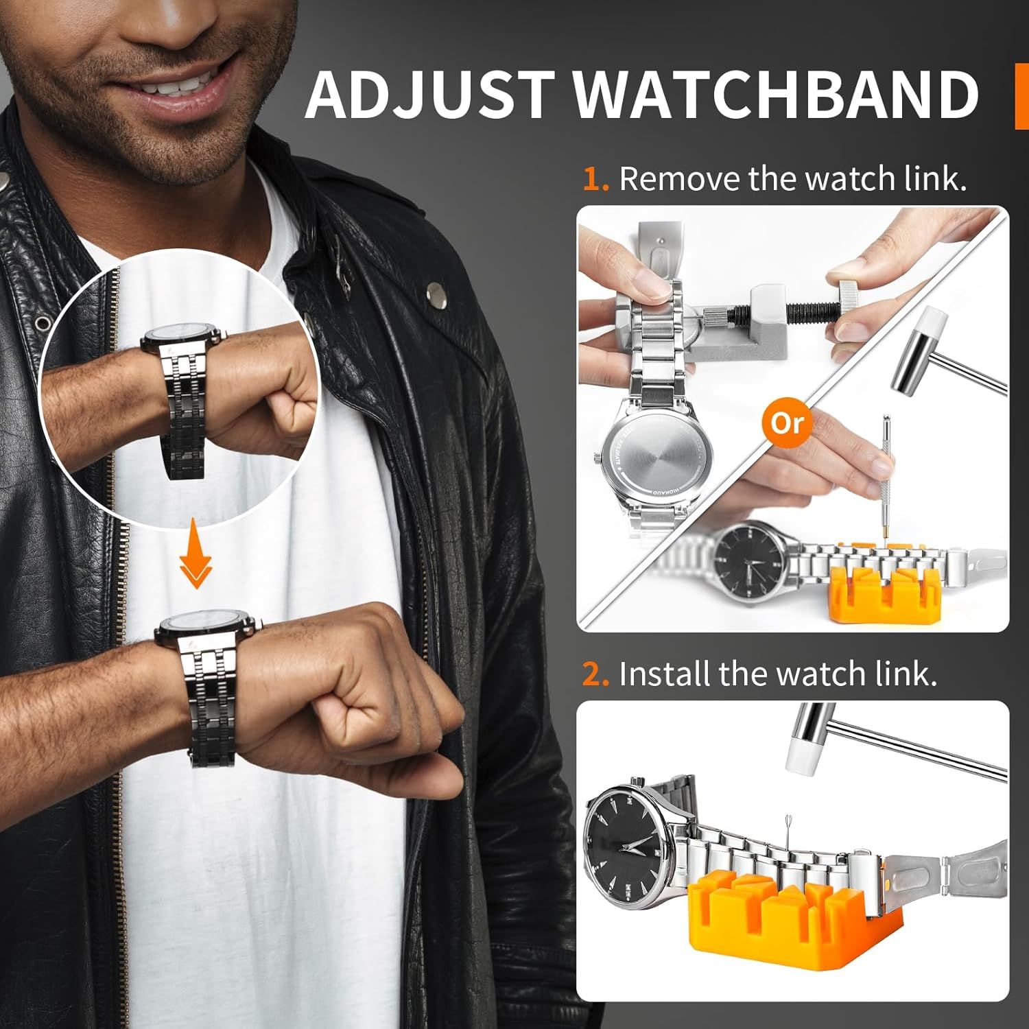 Provides step-by-step instructions on how to adjust the watchband by removing and installing watch links, reassuring shoppers that the product is customizable and easy to fit.