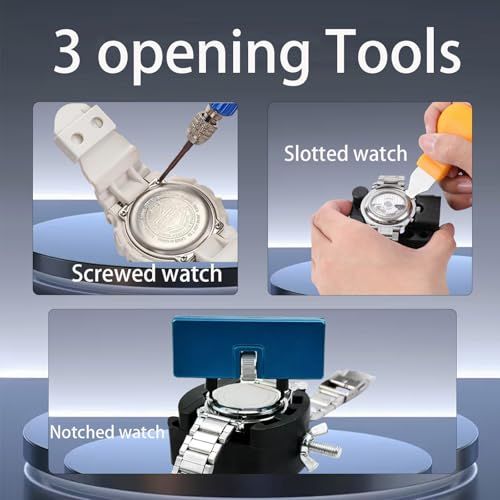Demonstrates that the watch repair kit works with three different types of watch backs (screwed, slotted, and notched), reassuring shoppers of its versatility and broad compatibility.