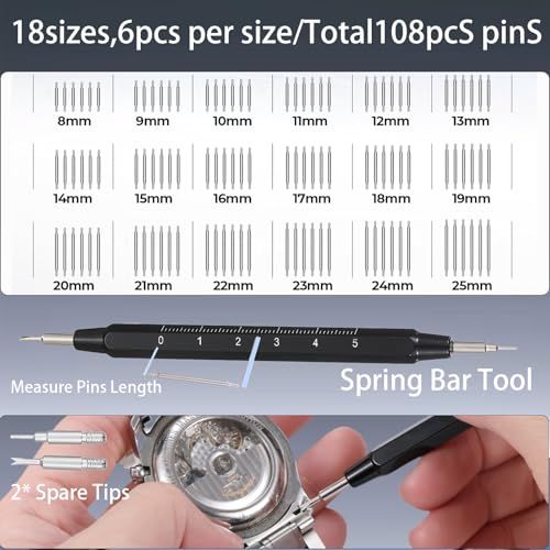 Shows the complete kit contents including 108 pins in 18 different sizes, a spring bar tool for measuring and installation, and spare tips, helping shoppers understand the comprehensive value and…