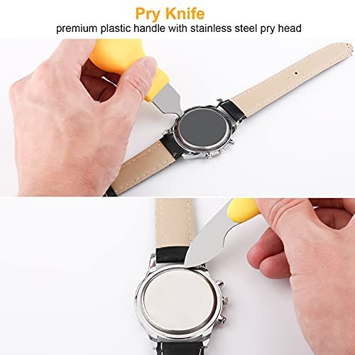 Demonstrates how to use the pry knife tool to open or repair a watch, showing the practical application and ease of use for watch maintenance tasks. Shows the specific use case of the pry knife for…