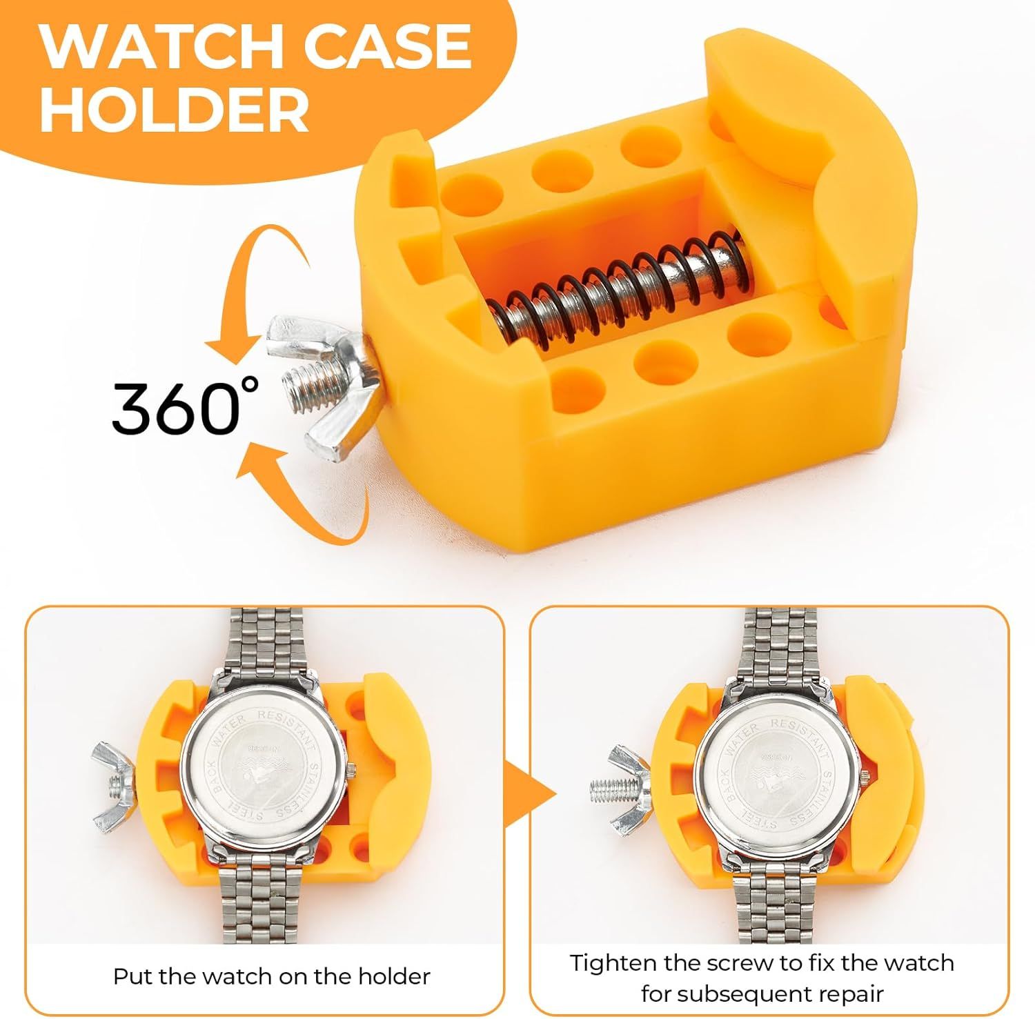 Demonstrates how to use the watch case holder tool by showing the step-by-step process of placing a watch on the holder and tightening the screw to secure it for repair work.