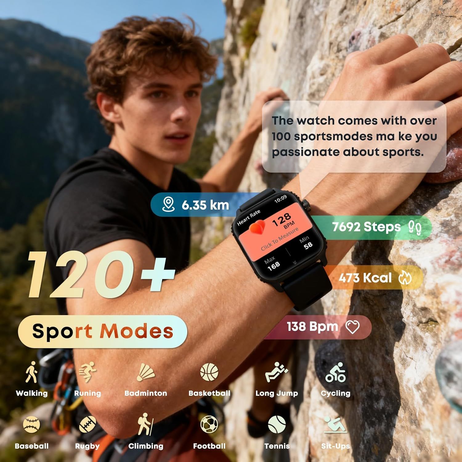 Communicates the smartwatch's comprehensive fitness tracking capabilities across multiple metrics (distance, steps, calories, heart rate) and its extensive library of 120+ sport modes to appeal to…