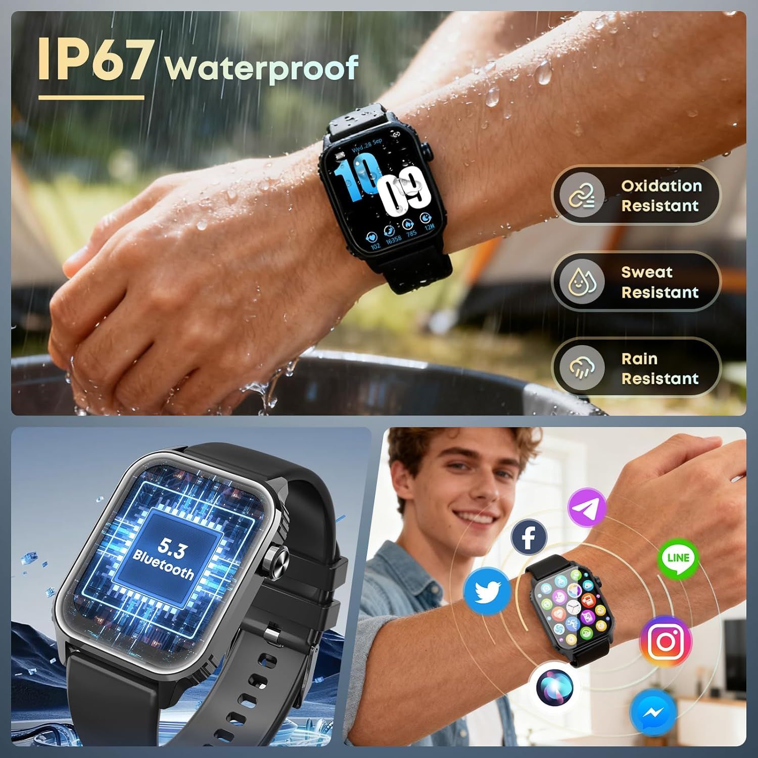 Communicates multiple key benefits of the smartwatch including water resistance, durability features, and connectivity capabilities to reassure shoppers of its versatility and reliability.