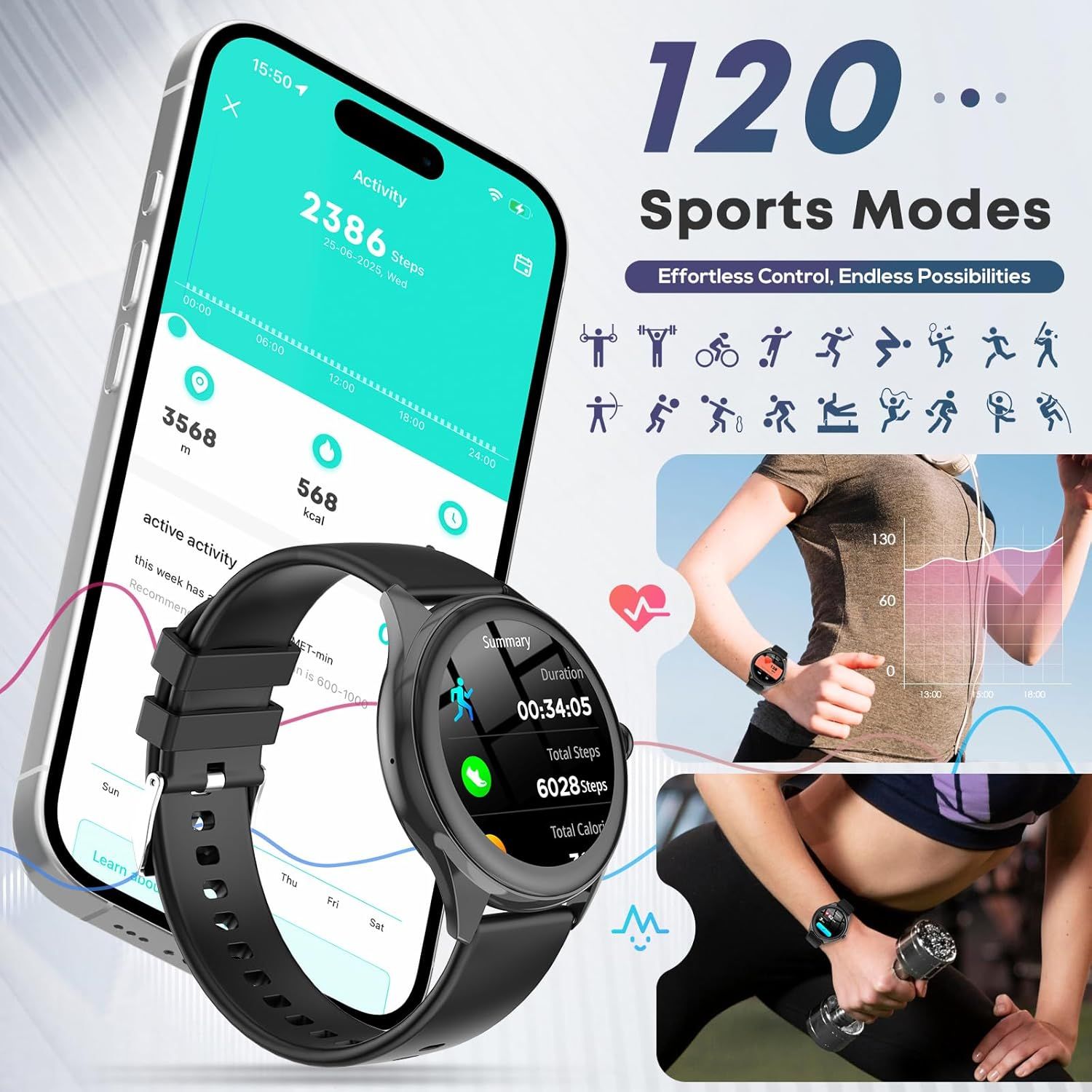 Communicates the smartwatch's comprehensive fitness tracking capabilities, highlighting the variety of sports modes available and the detailed health metrics tracked through the companion app.