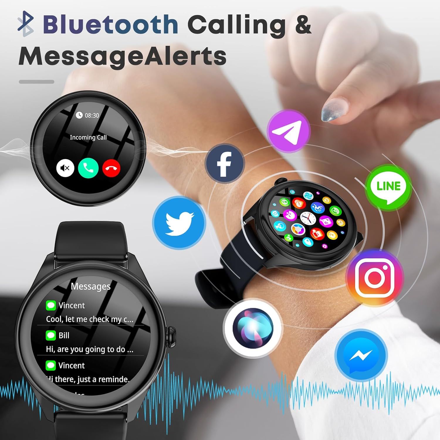 Demonstrates the smartwatch's ability to receive and manage calls and messages from multiple social media and messaging platforms, reassuring shoppers of seamless connectivity and communication…