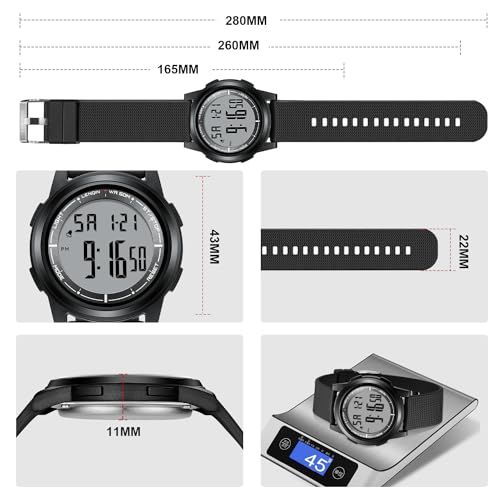 Provides exact dimensional measurements of the watch and band (280mm, 260mm, 165mm, 43mm, 22mm, 11mm) to help shoppers understand the physical size and fit of the product.