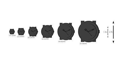 Shows the range of available watch case sizes with exact millimeter measurements to help shoppers choose the right fit for their wrist.